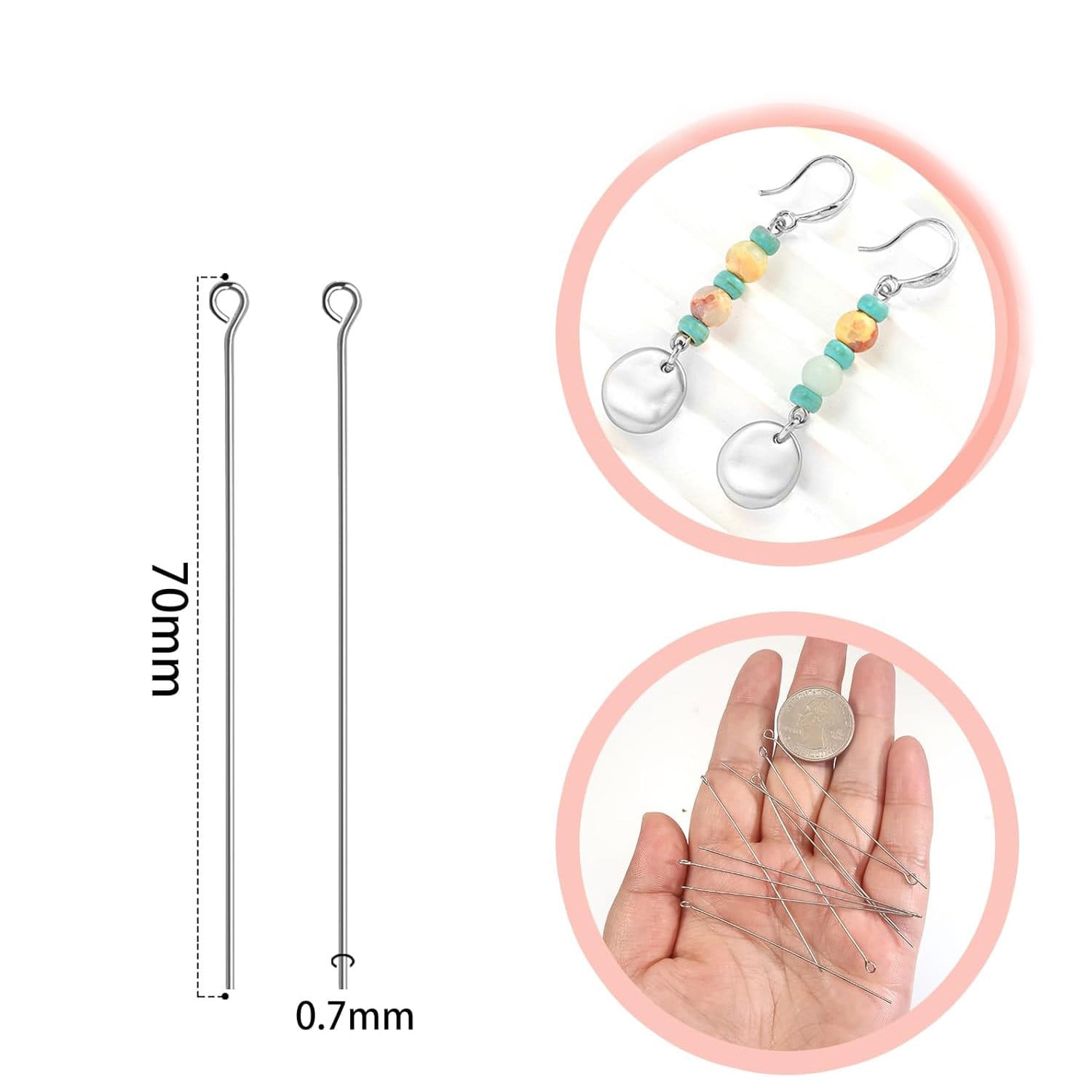 Szpilki jubilerskie z oczkiem stal nierdzewna 70 mm 100 szt. - obrazek 2