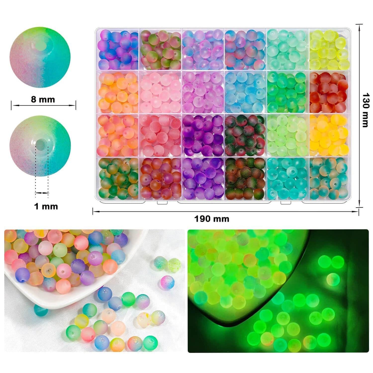 Szklane koraliki luminescencyjne 8 mm zestaw 600 szt. - obrazek 2