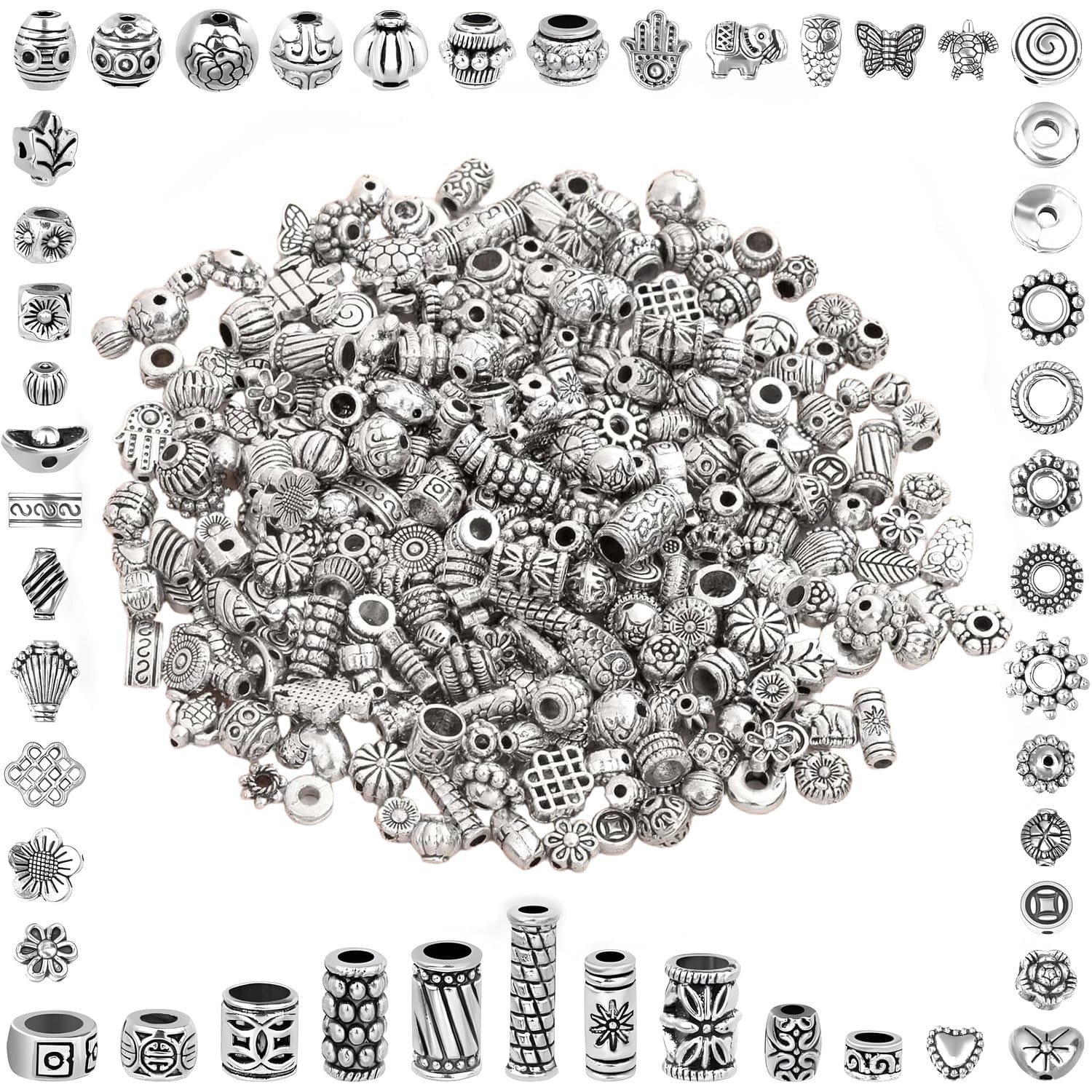 Koraliki dystansowe srebrne mix stylów zestaw 350 szt. - obrazek 2