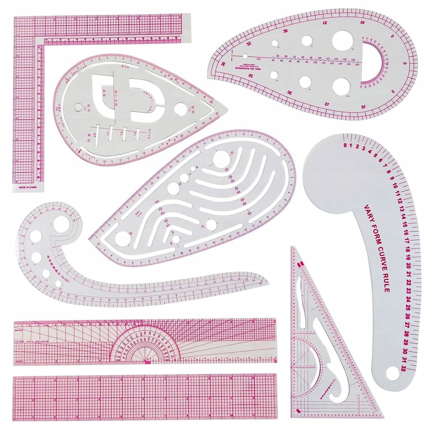 Linijki krzywiki miary do szycia i wykrojów zestaw 9 szt.