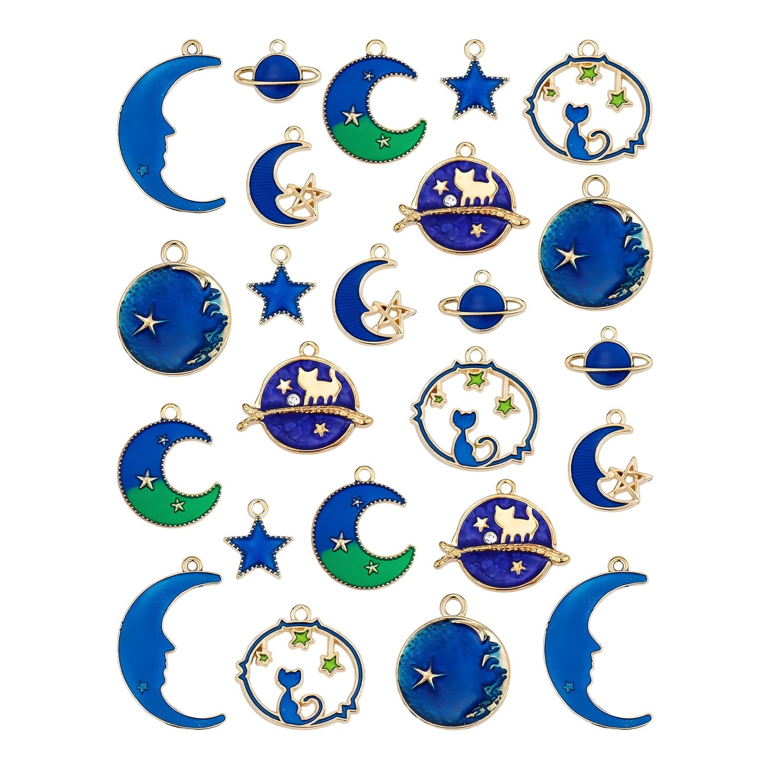 Charmsy metalowe księżyc kotki gwiazdy 24 szt.