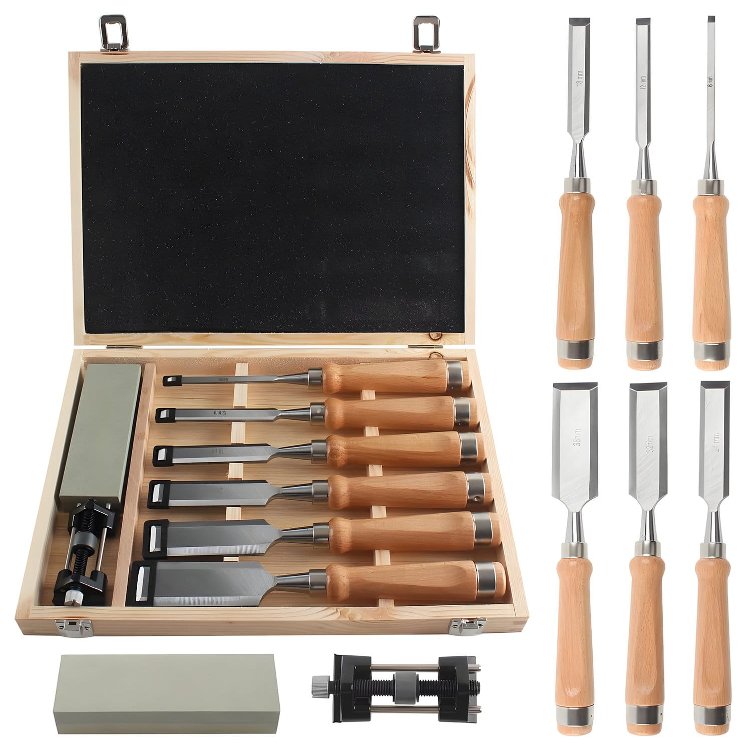 Dłuta do rzeźbienia w drewnie 6 sztuk z drewnianą kasetką