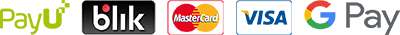 Logotypy dostępnych metod płatności: PayU, BLIK, MasterCard, Visa oraz Google Pay