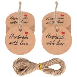 Etykiety zawieszki okrągłe ze sznurkiem "Handmade with Love" 100 szt.