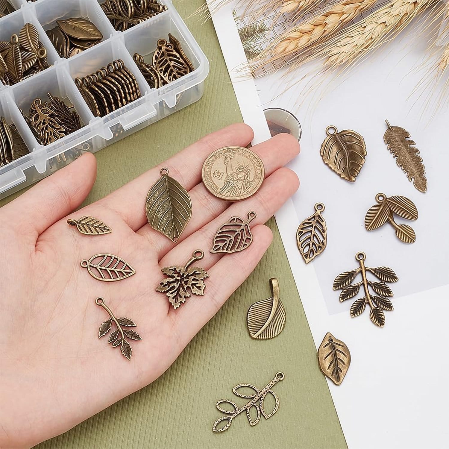 Charmsy liście antyczny brąz do tworzenia biżuterii 150 szt. - obrazek 3