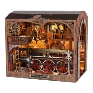Drewniane Puzzle 3D Book Nook Miniaturowy Warsztat Naprawczy Pociągów z Podświetleniem LED
